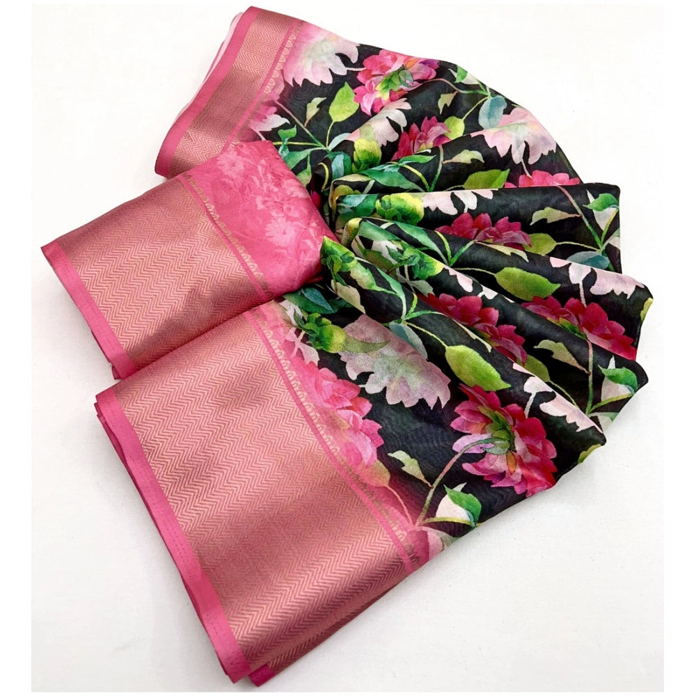 Amfyn Women's Cotton Silk Floral Printed Saree With Unstitched Blouse 5.5Mtr (Black)