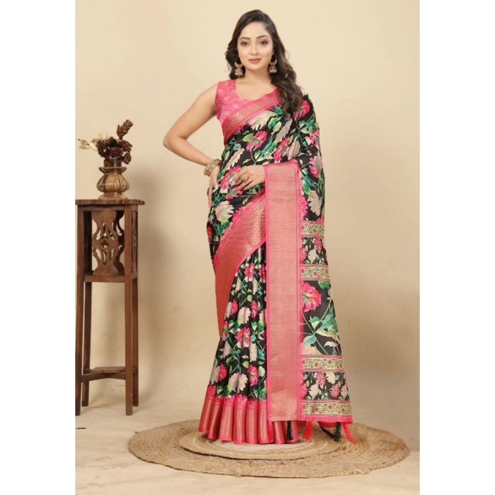 Amfyn Women's Cotton Silk Floral Printed Saree With Unstitched Blouse 5.5Mtr (Black)