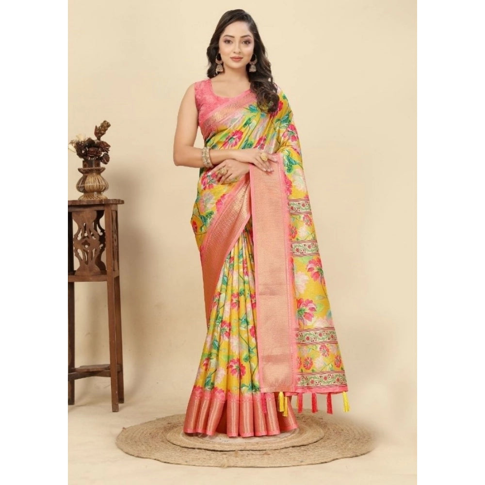 Amfyn Women's Cotton Silk Floral Printed Saree With Unstitched Blouse 5.5Mtr (Yellow)