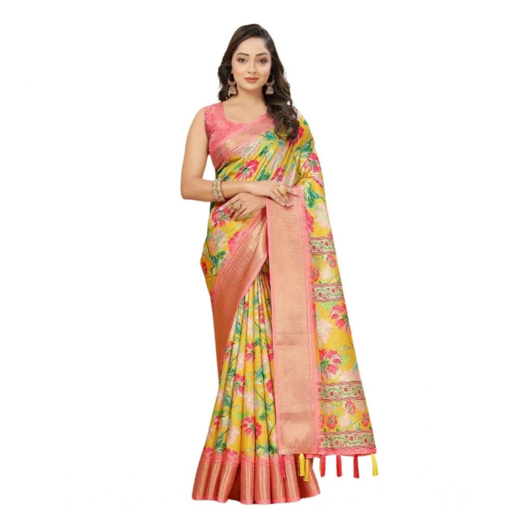 Amfyn Women's Cotton Silk Floral Printed Saree With Unstitched Blouse 5.5Mtr (Yellow)