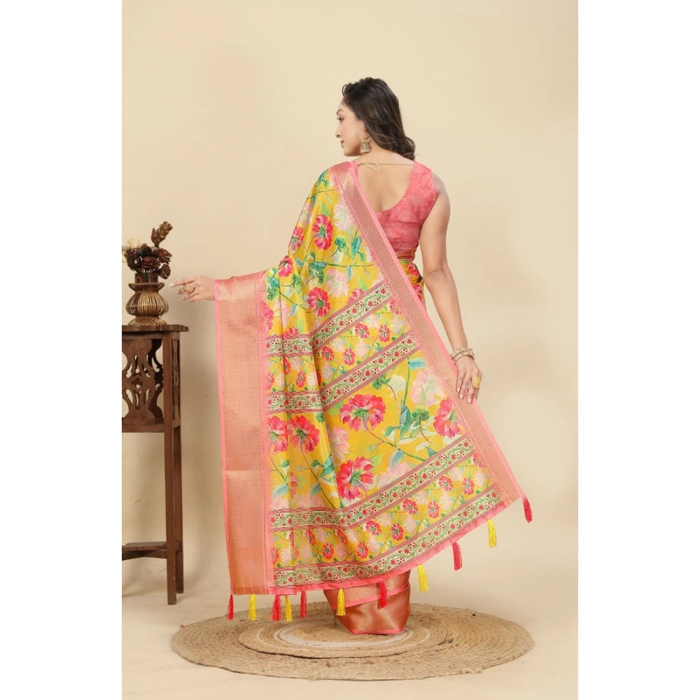 Amfyn Women's Cotton Silk Floral Printed Saree With Unstitched Blouse 5.5Mtr (Yellow)