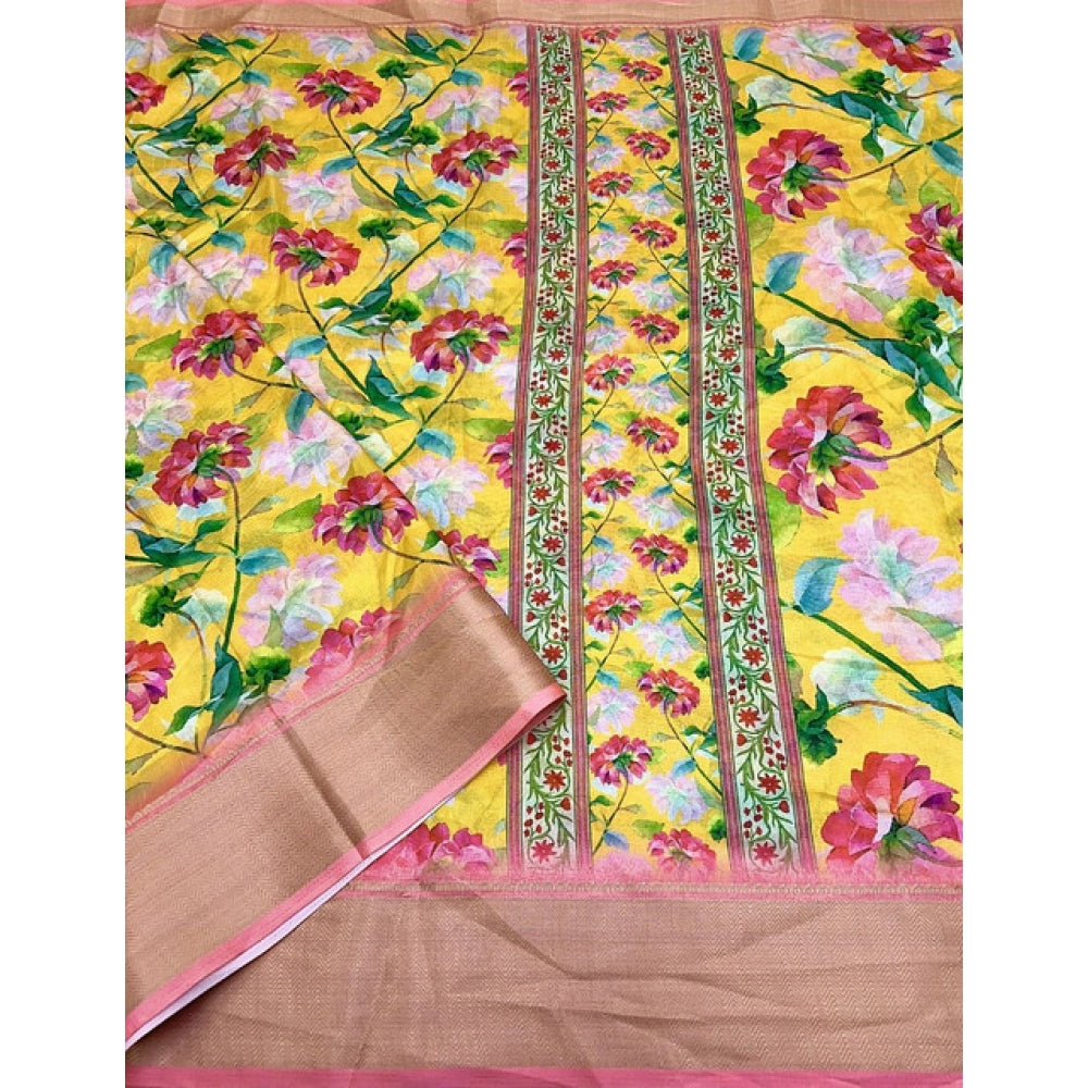 Amfyn Women's Cotton Silk Floral Printed Saree With Unstitched Blouse 5.5Mtr (Yellow)