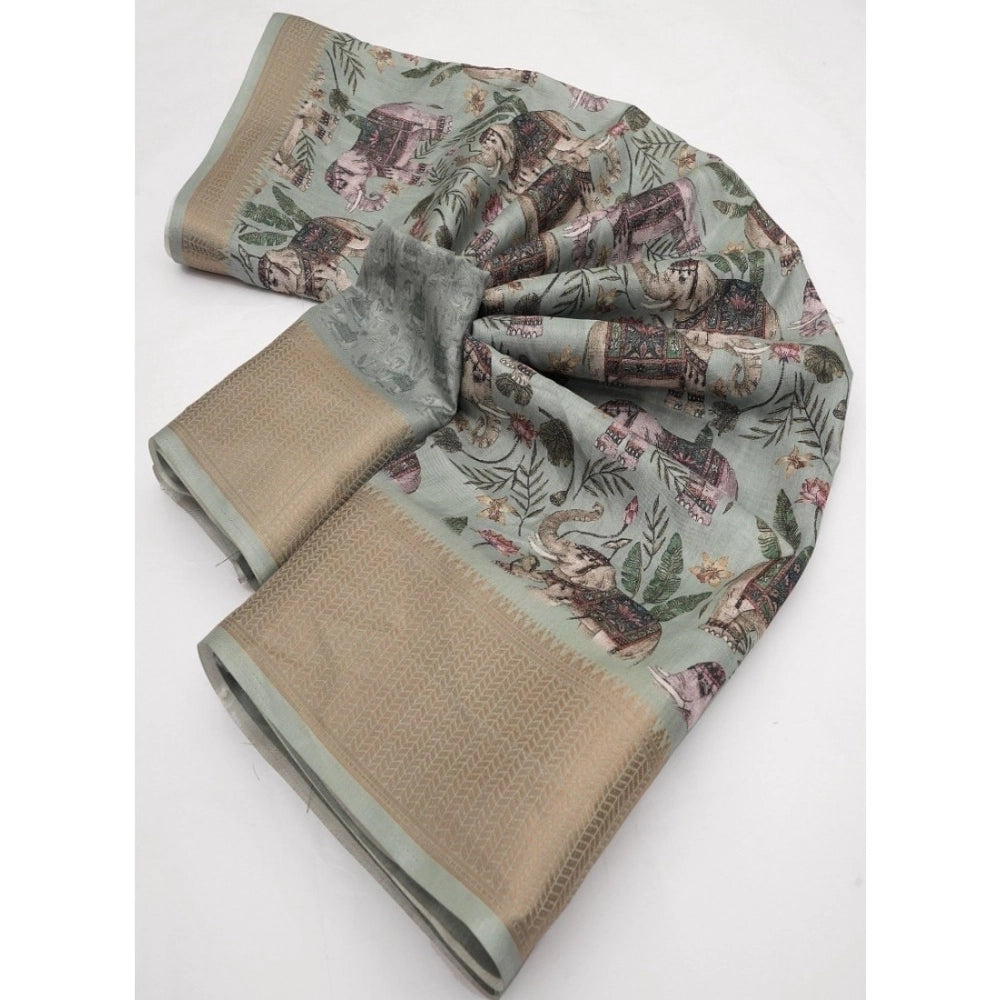 Amfyn Women's Cotton Silk Printed Saree With Unstitched Blouse 5.5Mtr (Green)