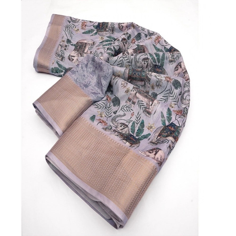 Amfyn Women's Cotton Silk Printed Saree With Unstitched Blouse 5.5Mtr (Grey)