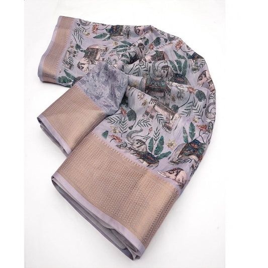 Amfyn Women's Cotton Silk Printed Saree With Unstitched Blouse 5.5Mtr (Grey)