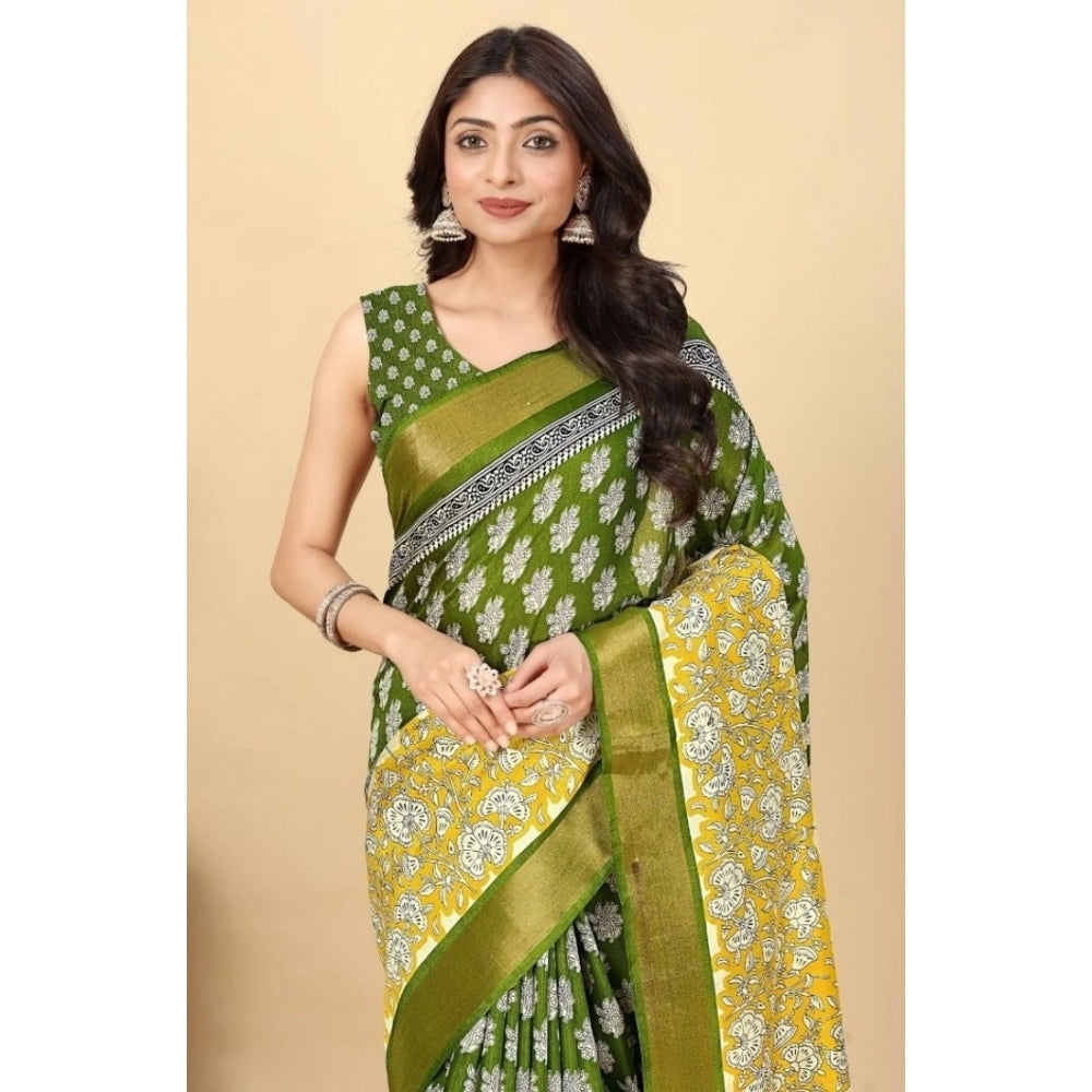 Amfyn Women's Cotton Blend Printed Saree With Unstitched Blouse 5.5Mtr (Mehandi)