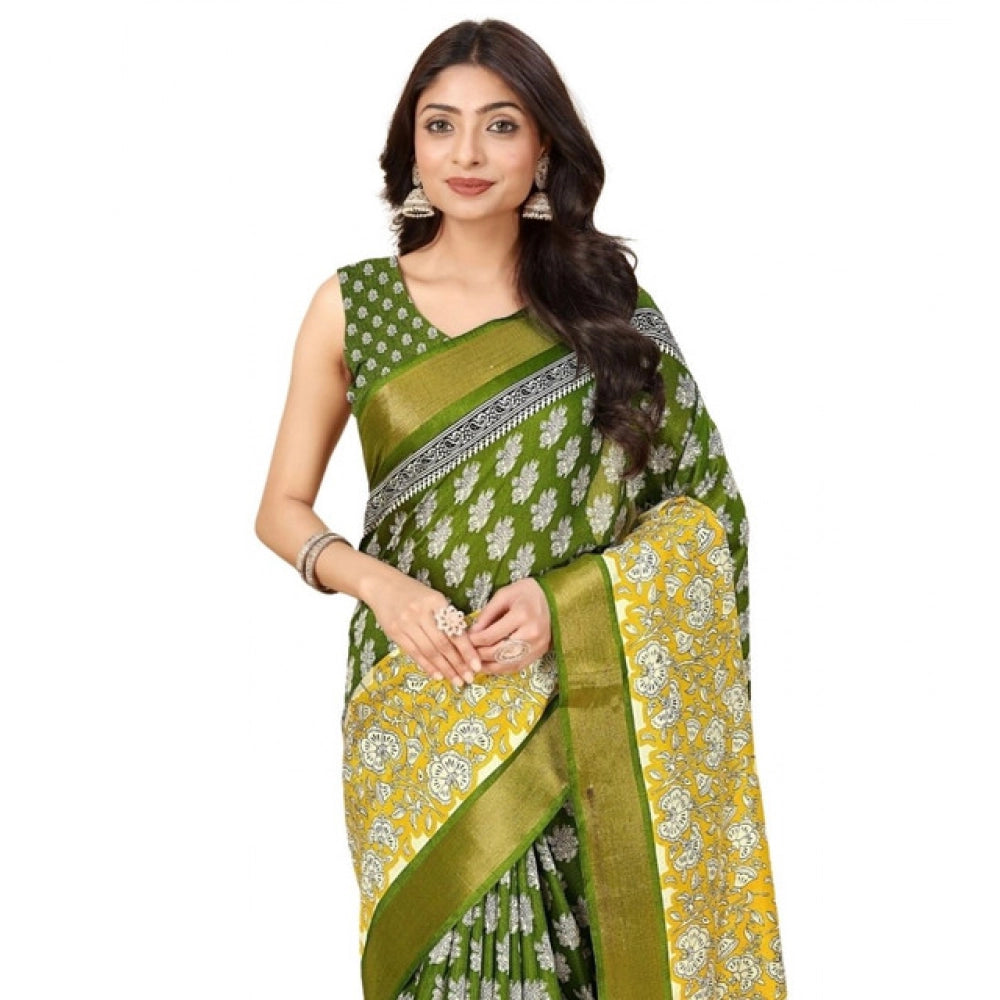 Amfyn Women's Cotton Blend Printed Saree With Unstitched Blouse 5.5Mtr (Mehandi)