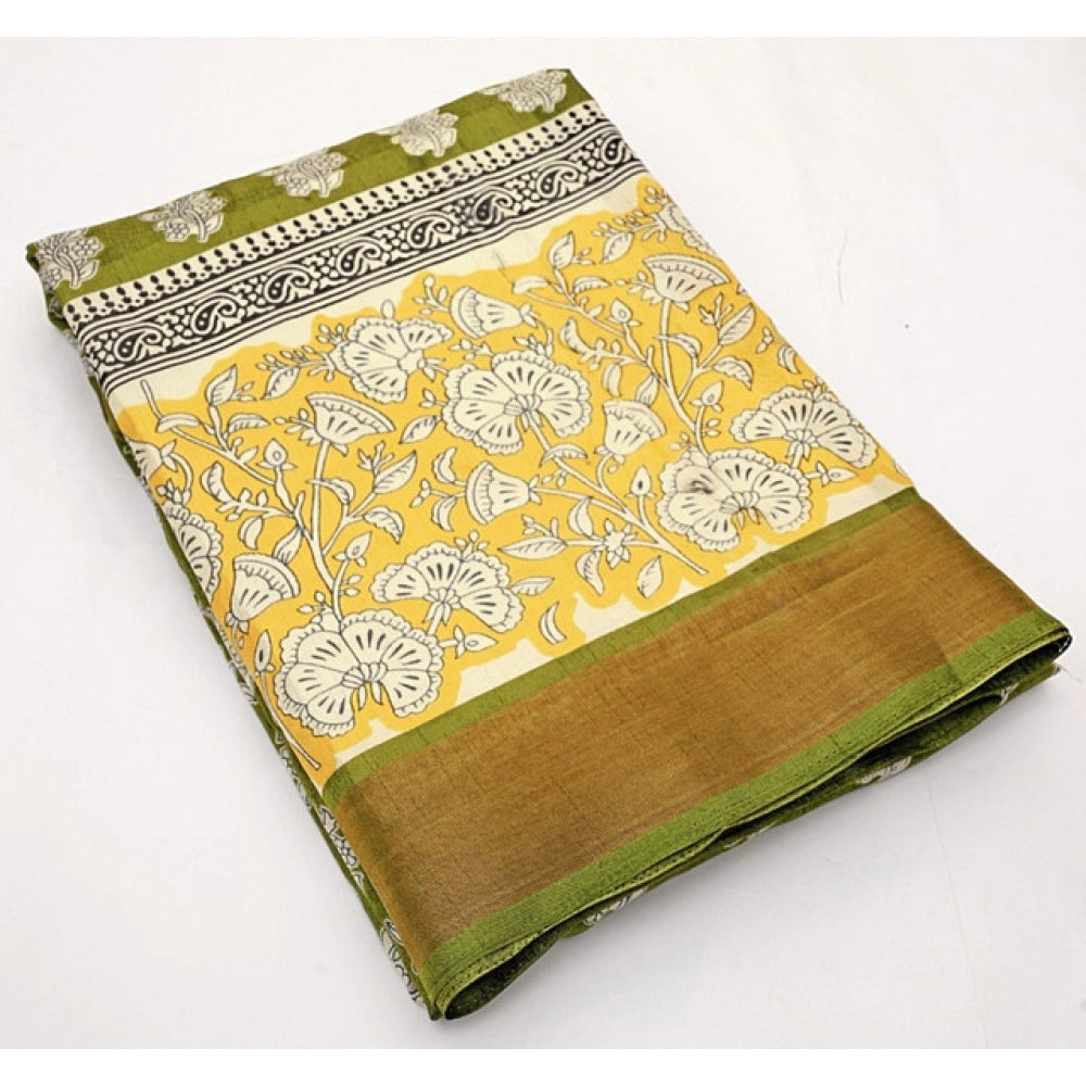 Amfyn Women's Cotton Blend Printed Saree With Unstitched Blouse 5.5Mtr (Mehandi)