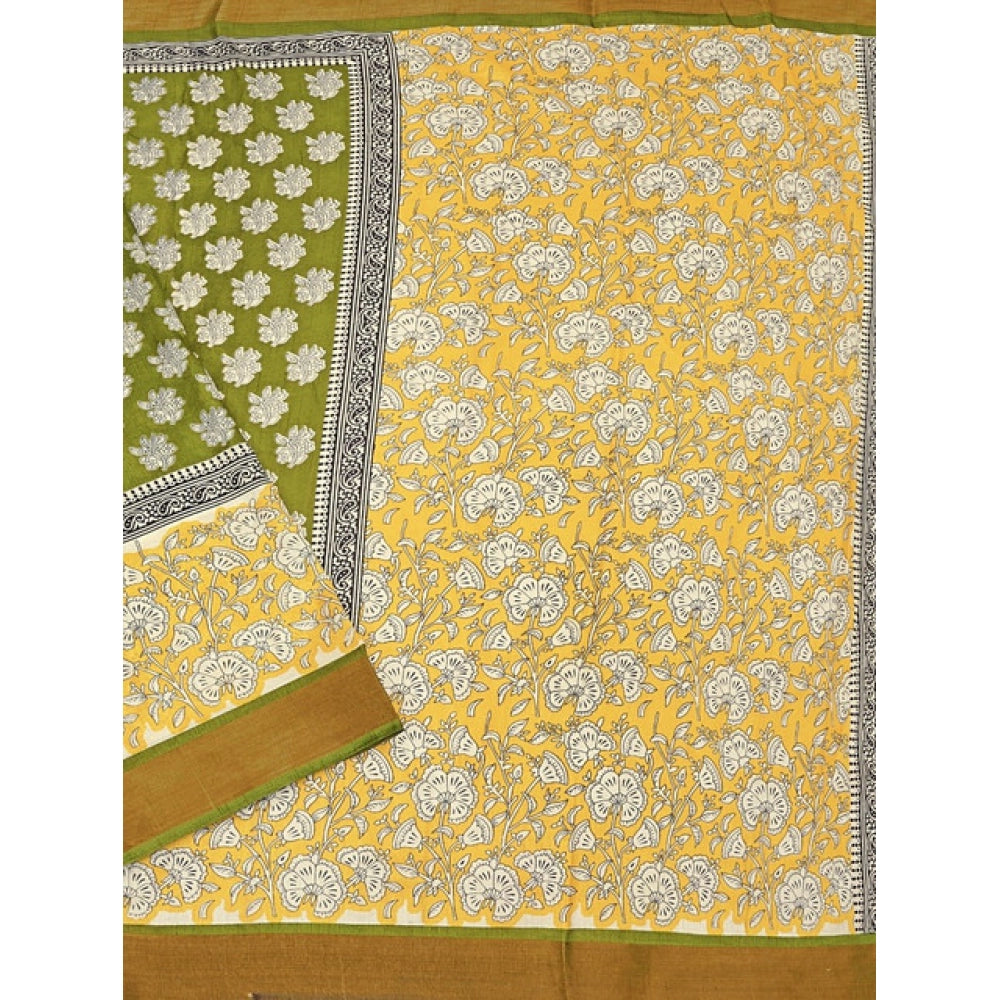 Amfyn Women's Cotton Blend Printed Saree With Unstitched Blouse 5.5Mtr (Mehandi)