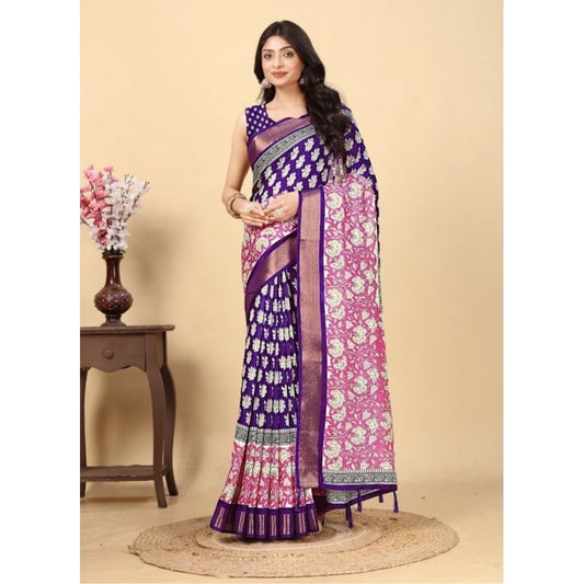 Amfyn Women's Cotton Blend Printed Saree With Unstitched Blouse 5.5Mtr (Purple)