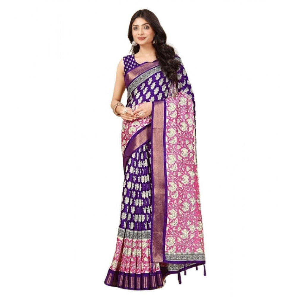 Amfyn Women's Cotton Blend Printed Saree With Unstitched Blouse 5.5Mtr (Purple)