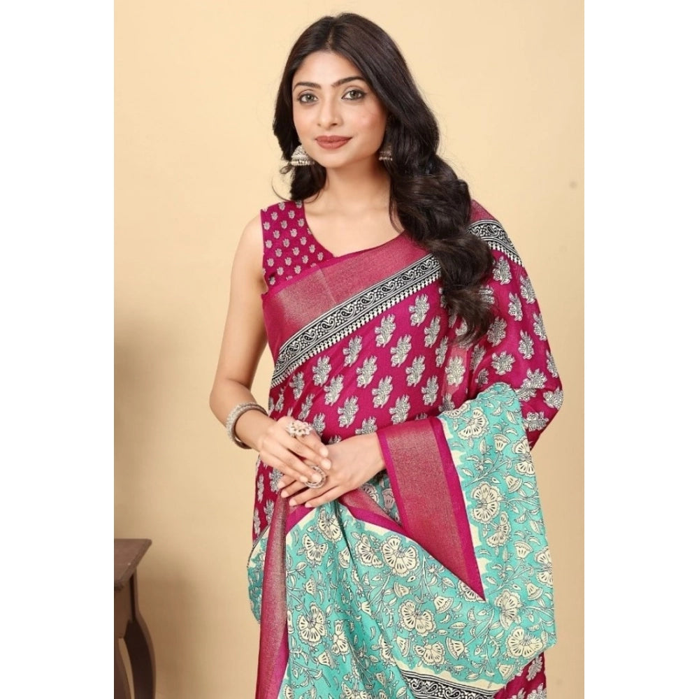Amfyn Women's Cotton Blend Printed Saree With Unstitched Blouse 5.5Mtr (Multicolor)