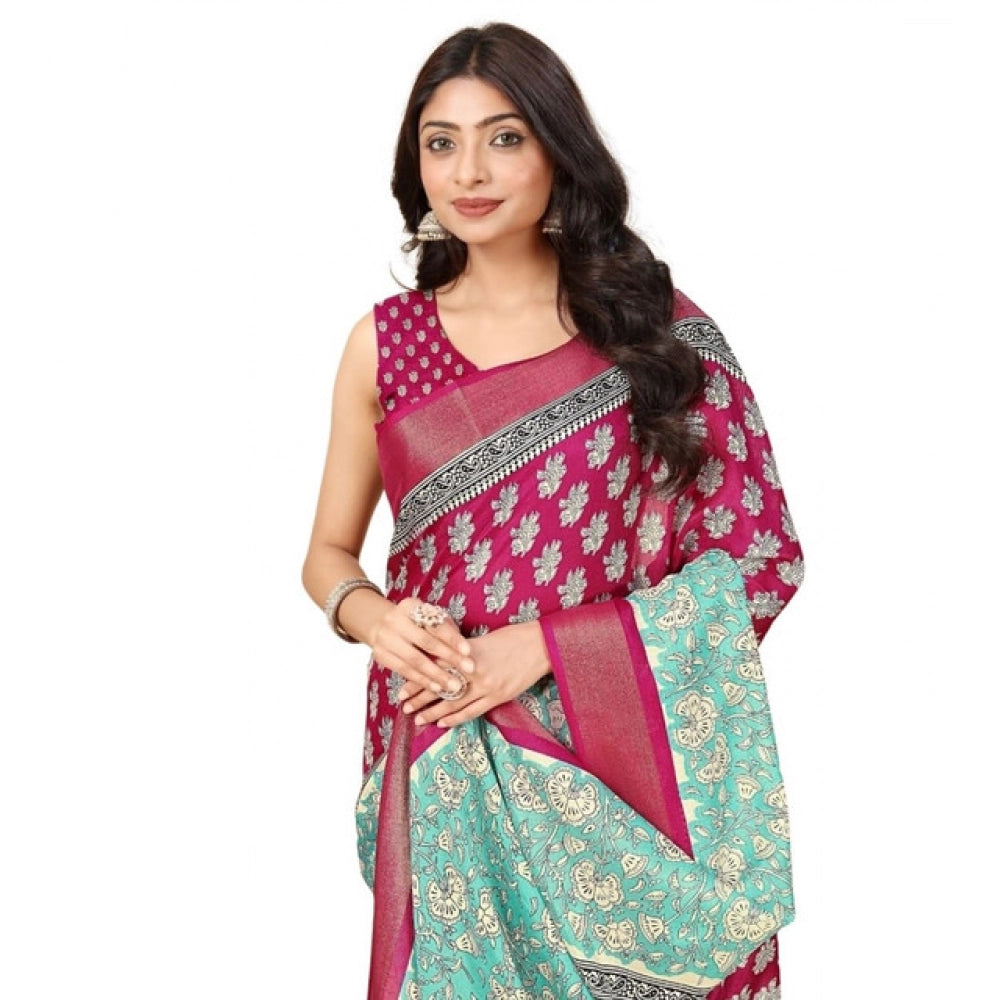 Amfyn Women's Cotton Blend Printed Saree With Unstitched Blouse 5.5Mtr (Multicolor)
