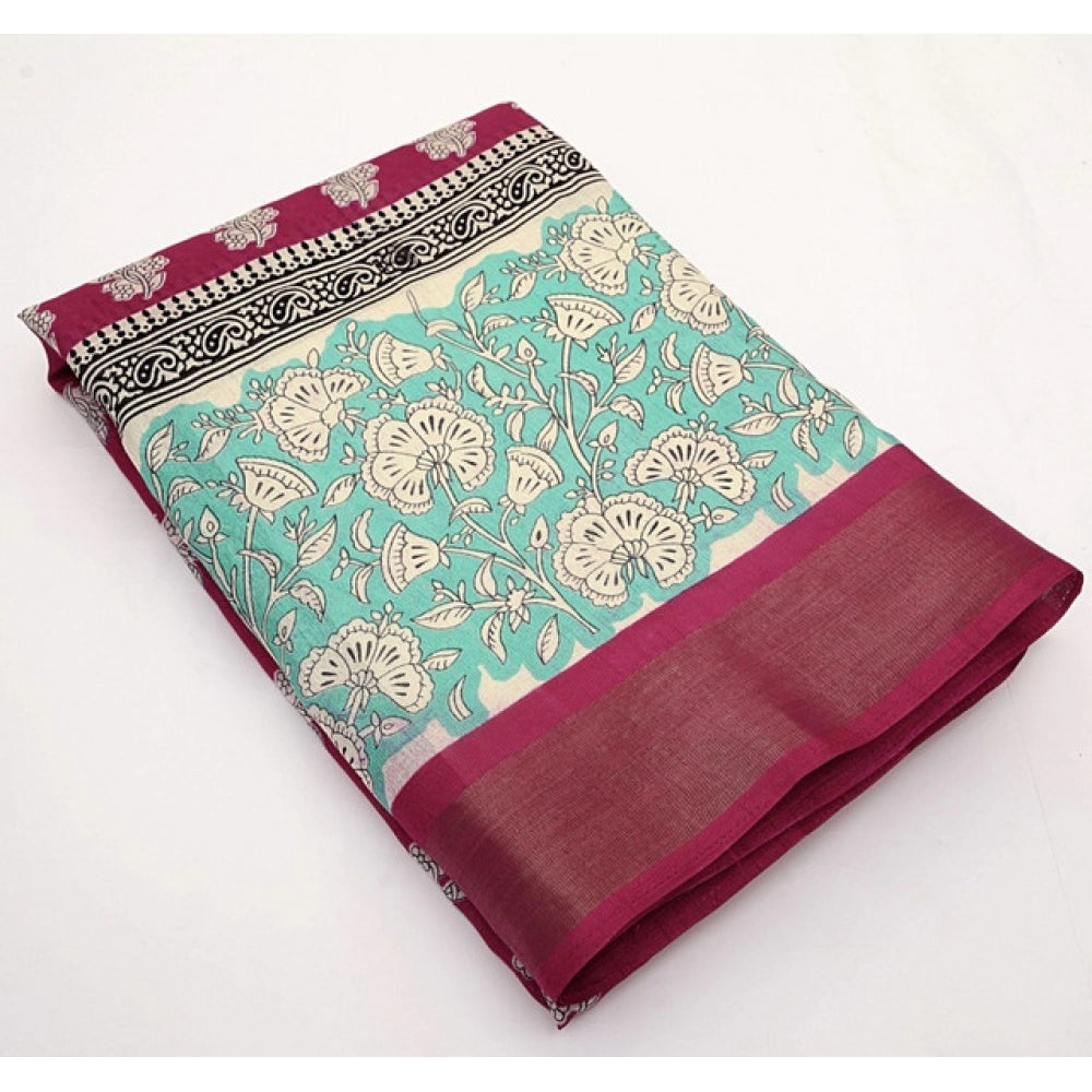 Amfyn Women's Cotton Blend Printed Saree With Unstitched Blouse 5.5Mtr (Multicolor)