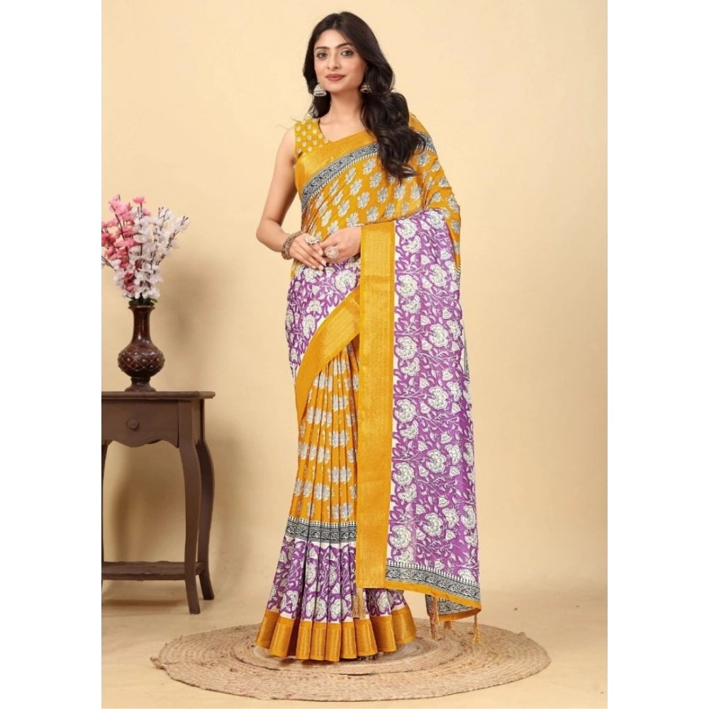 Amfyn Women's Cotton Blend Printed Saree With Unstitched Blouse 5.5Mtr (Yellow)