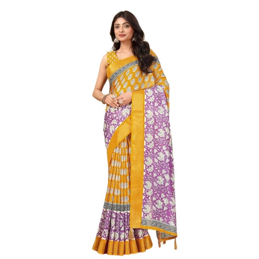 Amfyn Women's Cotton Blend Printed Saree With Unstitched Blouse 5.5Mtr (Yellow)
