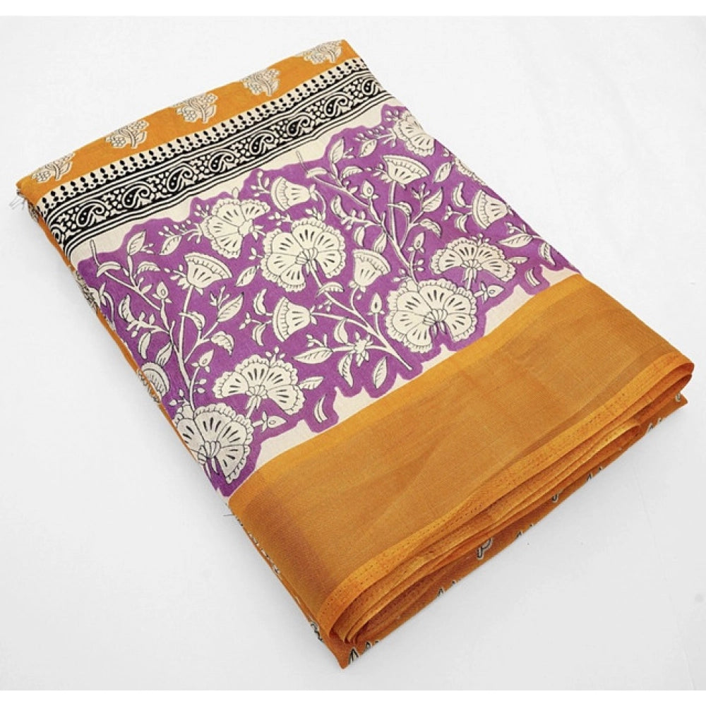 Amfyn Women's Cotton Blend Printed Saree With Unstitched Blouse 5.5Mtr (Yellow)