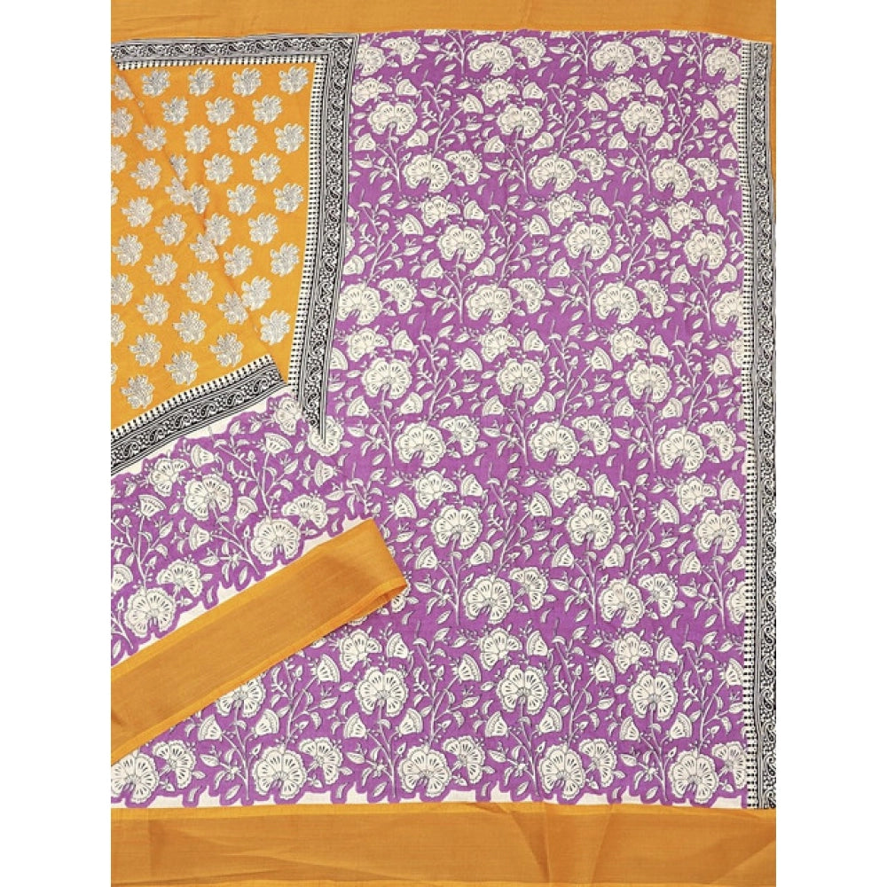 Amfyn Women's Cotton Blend Printed Saree With Unstitched Blouse 5.5Mtr (Yellow)