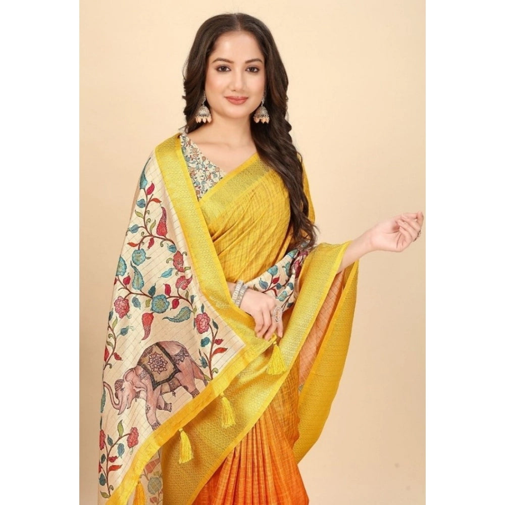 Amfyn Women's Cotton Blend Floral Printed Saree With Unstitched Blouse 5.5Mtr (Lemon Yellow)