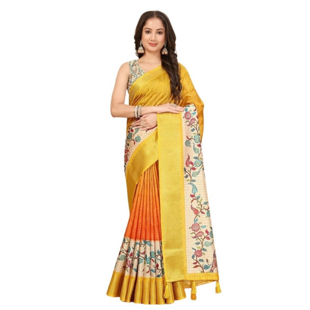 Amfyn Women's Cotton Blend Floral Printed Saree With Unstitched Blouse 5.5Mtr (Lemon Yellow)