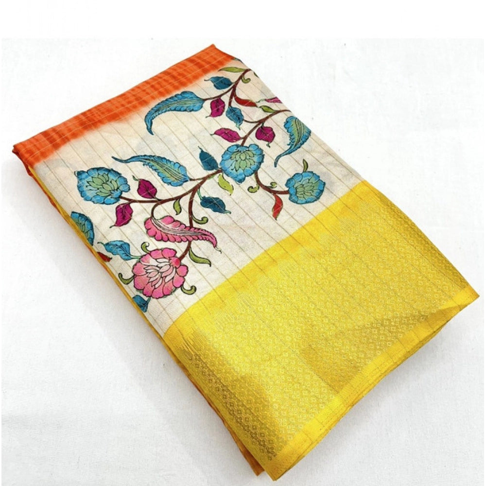 Amfyn Women's Cotton Blend Floral Printed Saree With Unstitched Blouse 5.5Mtr (Lemon Yellow)