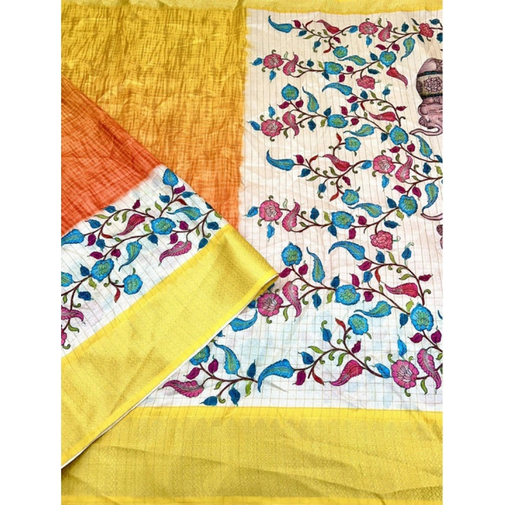 Amfyn Women's Cotton Blend Floral Printed Saree With Unstitched Blouse 5.5Mtr (Lemon Yellow)