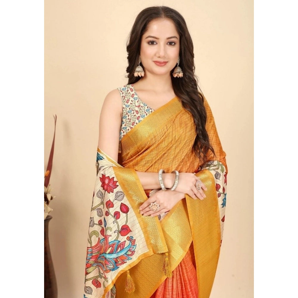 Amfyn Women's Cotton Blend Floral Printed Saree With Unstitched Blouse 5.5Mtr (Yellow)