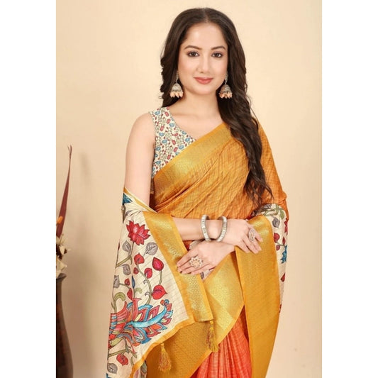 Amfyn Women's Cotton Blend Floral Printed Saree With Unstitched Blouse 5.5Mtr (Yellow)