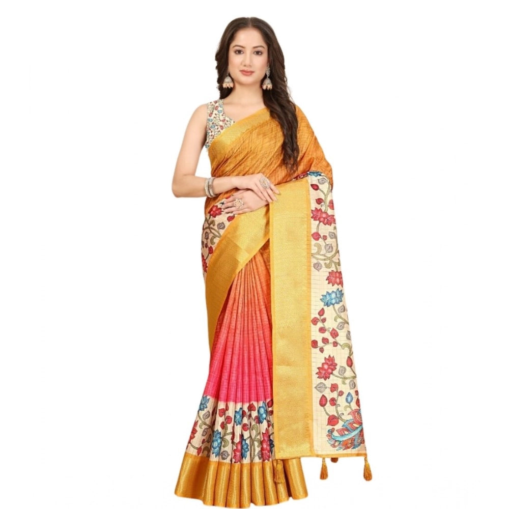 Amfyn Women's Cotton Blend Floral Printed Saree With Unstitched Blouse 5.5Mtr (Yellow)