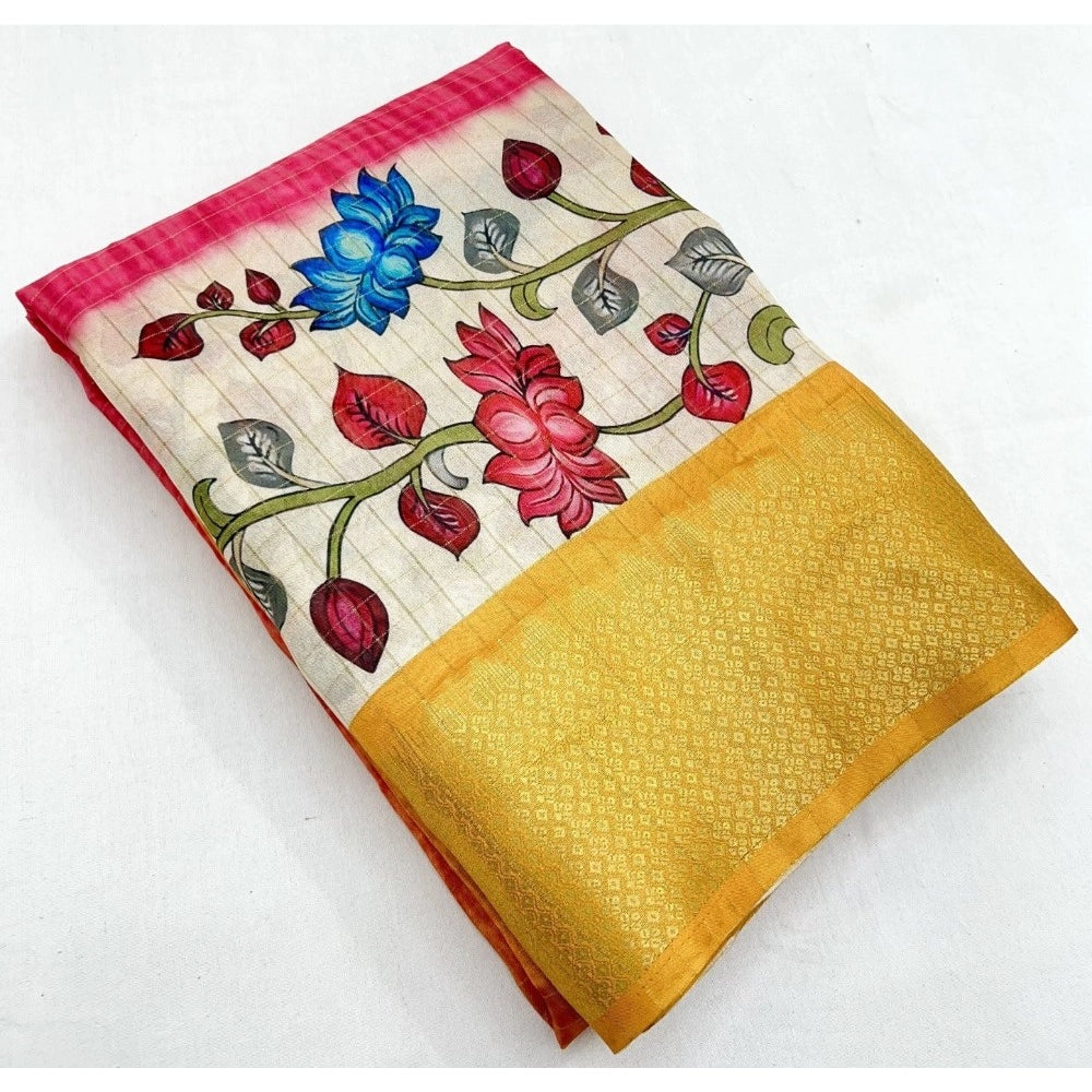 Amfyn Women's Cotton Blend Floral Printed Saree With Unstitched Blouse 5.5Mtr (Yellow)