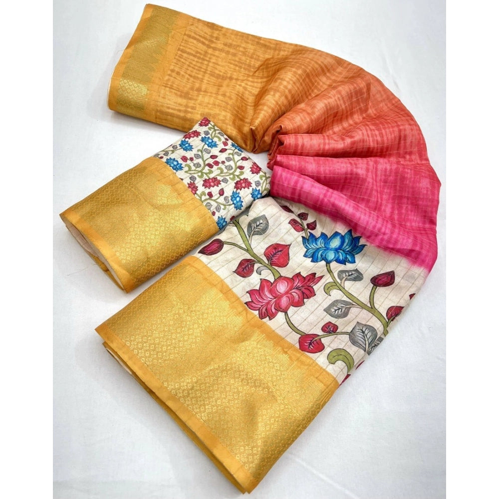 Amfyn Women's Cotton Blend Floral Printed Saree With Unstitched Blouse 5.5Mtr (Yellow)