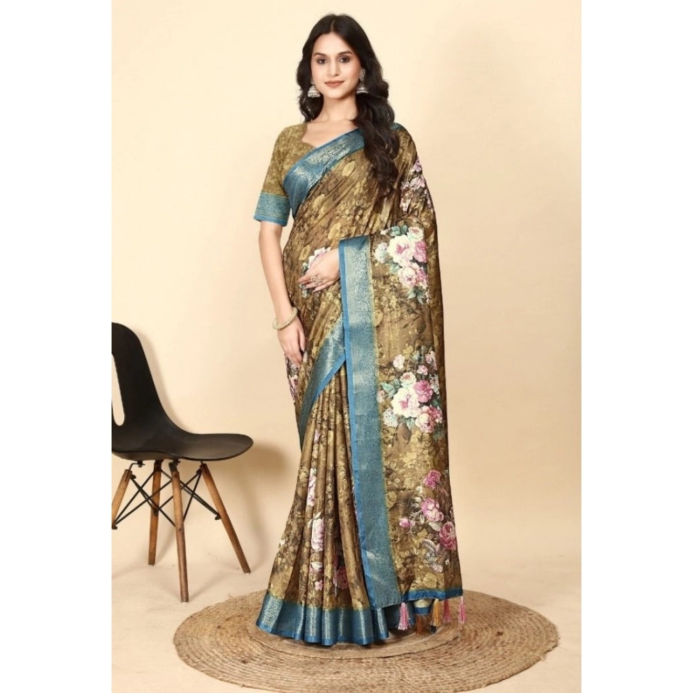 Amfyn Women's Cotton Blend Floral Printed Saree With Unstitched Blouse 5.5Mtr (Multicolor)