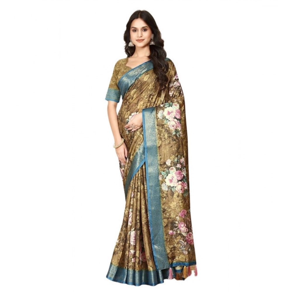 Amfyn Women's Cotton Blend Floral Printed Saree With Unstitched Blouse 5.5Mtr (Multicolor)
