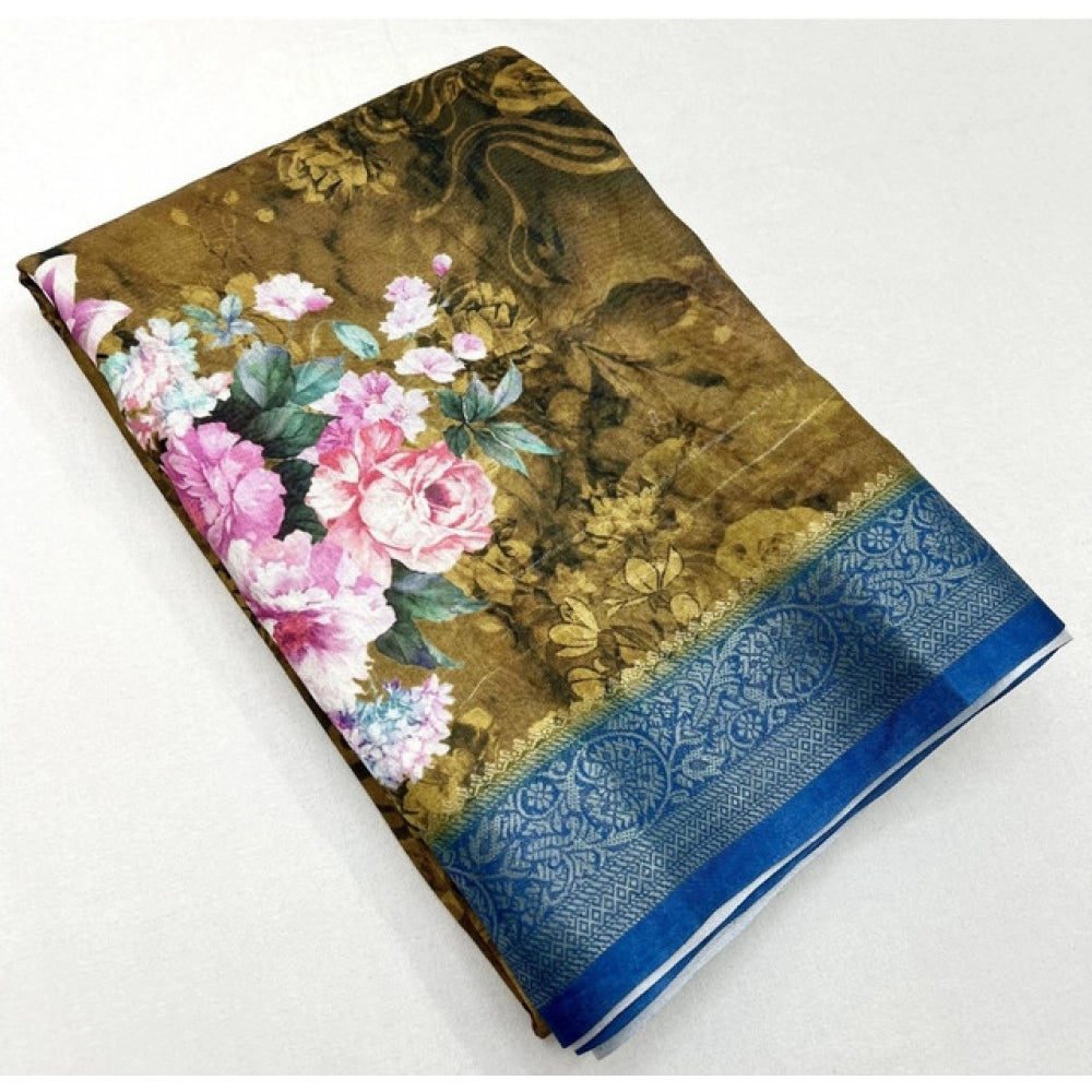 Amfyn Women's Cotton Blend Floral Printed Saree With Unstitched Blouse 5.5Mtr (Multicolor)