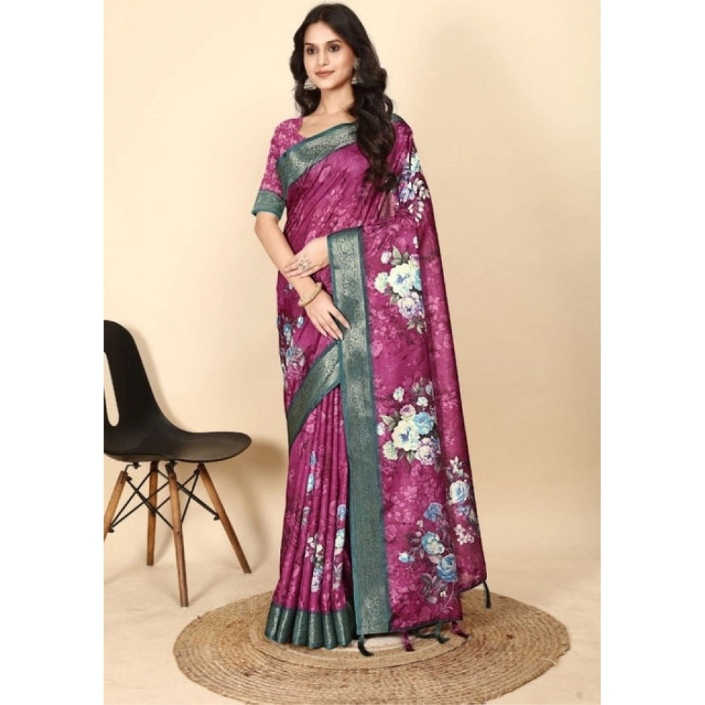 Amfyn Women's Cotton Blend Floral Printed Saree With Unstitched Blouse 5.5Mtr (Multicolor)