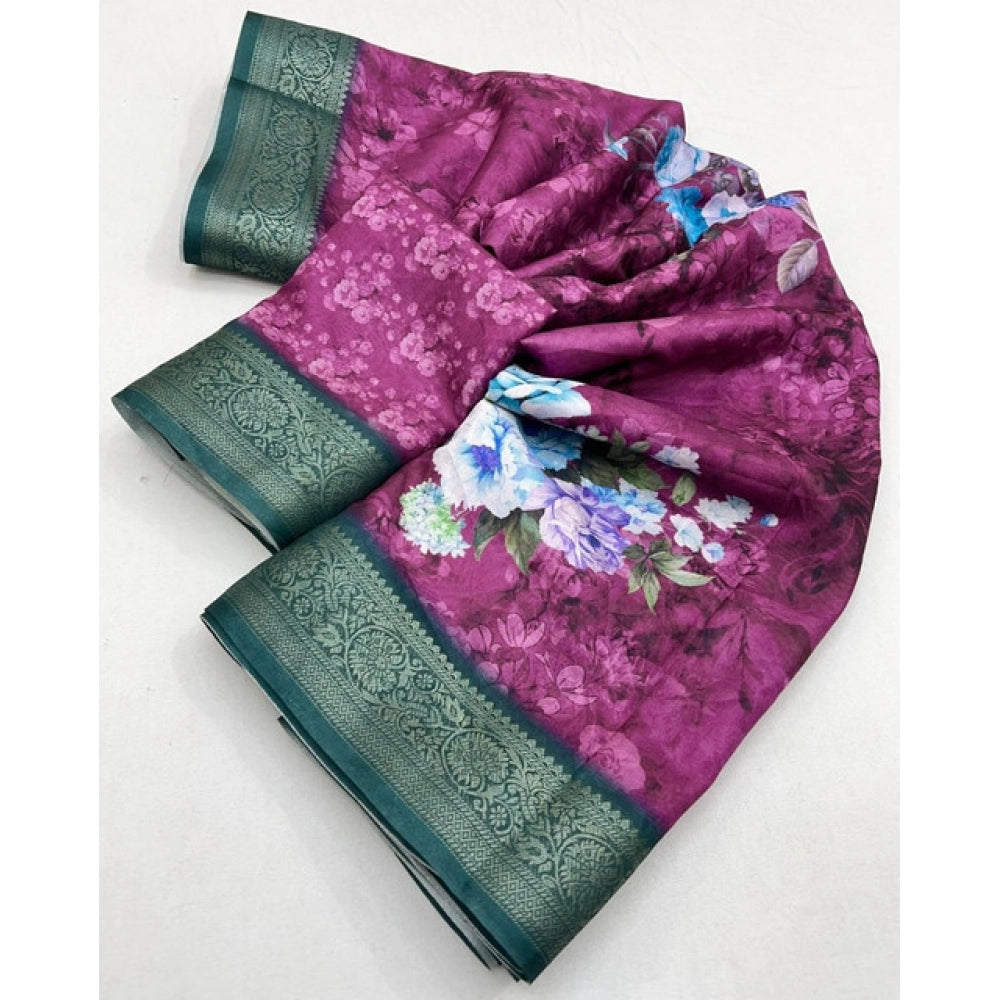 Amfyn Women's Cotton Blend Floral Printed Saree With Unstitched Blouse 5.5Mtr (Multicolor)
