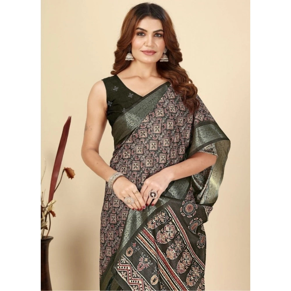 Amfyn Women's Cotton Blend Printed Saree With Unstitched Blouse 5.5Mtr (Black)