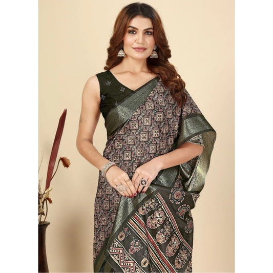 Amfyn Women's Cotton Blend Printed Saree With Unstitched Blouse 5.5Mtr (Black)