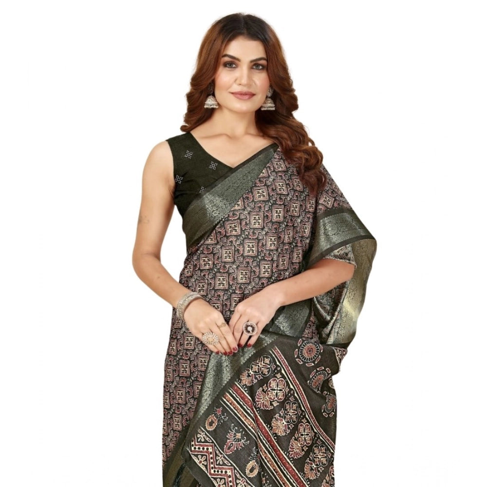 Amfyn Women's Cotton Blend Printed Saree With Unstitched Blouse 5.5Mtr (Black)