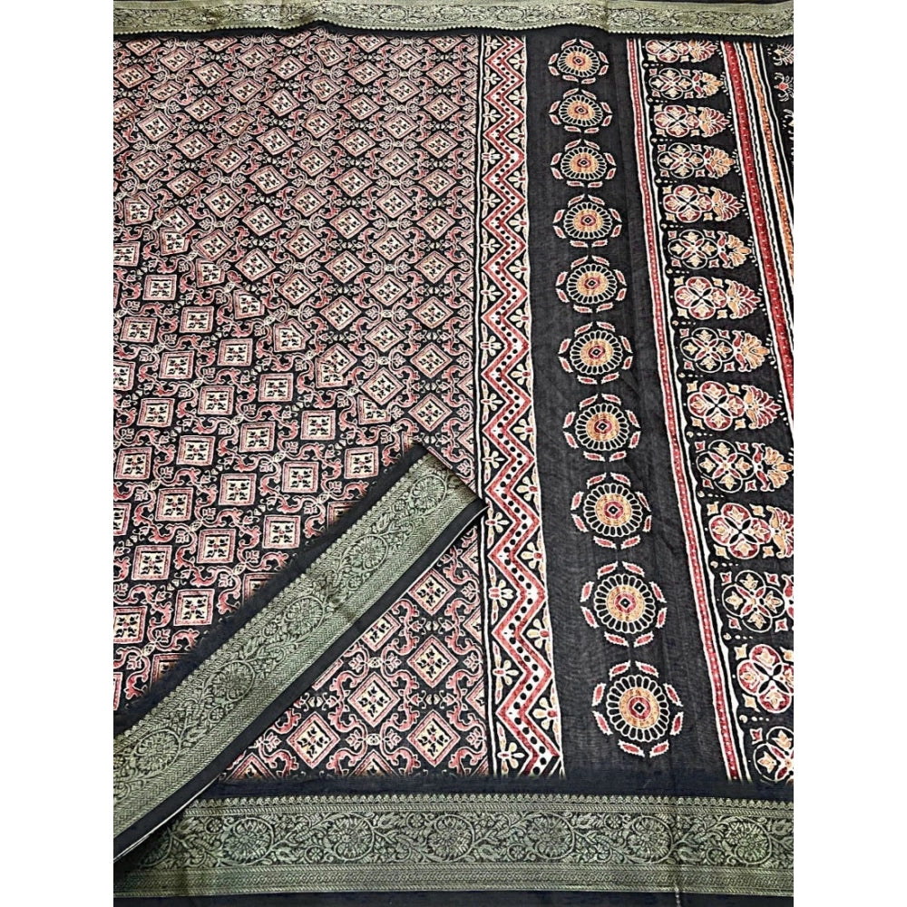 Amfyn Women's Cotton Blend Printed Saree With Unstitched Blouse 5.5Mtr (Black)