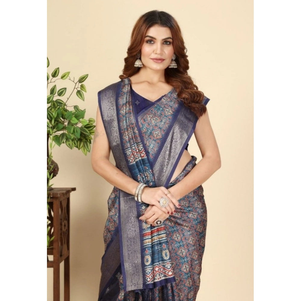 Amfyn Women's Cotton Blend Printed Saree With Unstitched Blouse 5.5Mtr (Blue)