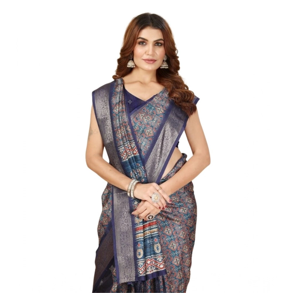 Amfyn Women's Cotton Blend Printed Saree With Unstitched Blouse 5.5Mtr (Blue)