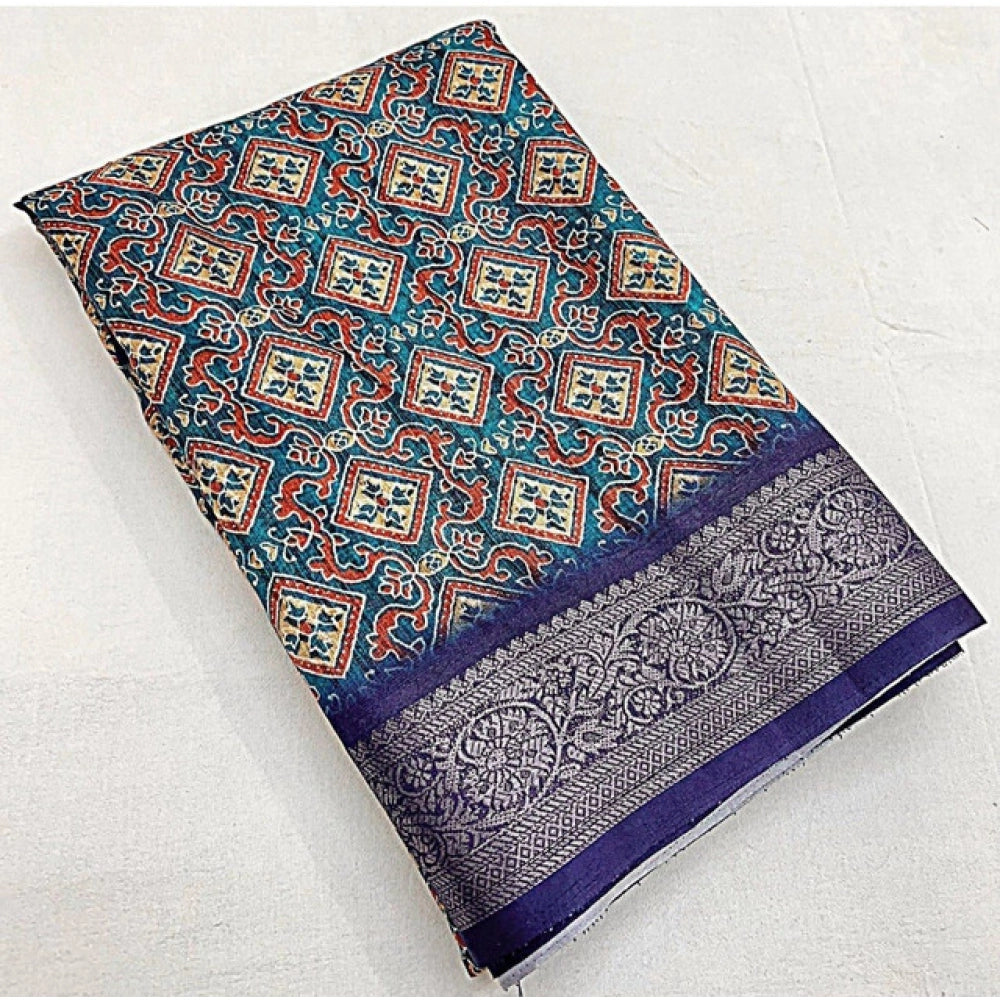 Amfyn Women's Cotton Blend Printed Saree With Unstitched Blouse 5.5Mtr (Blue)