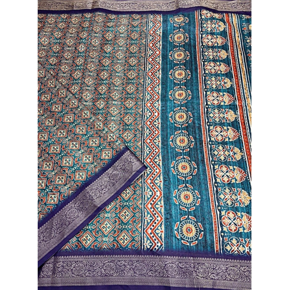 Amfyn Women's Cotton Blend Printed Saree With Unstitched Blouse 5.5Mtr (Blue)