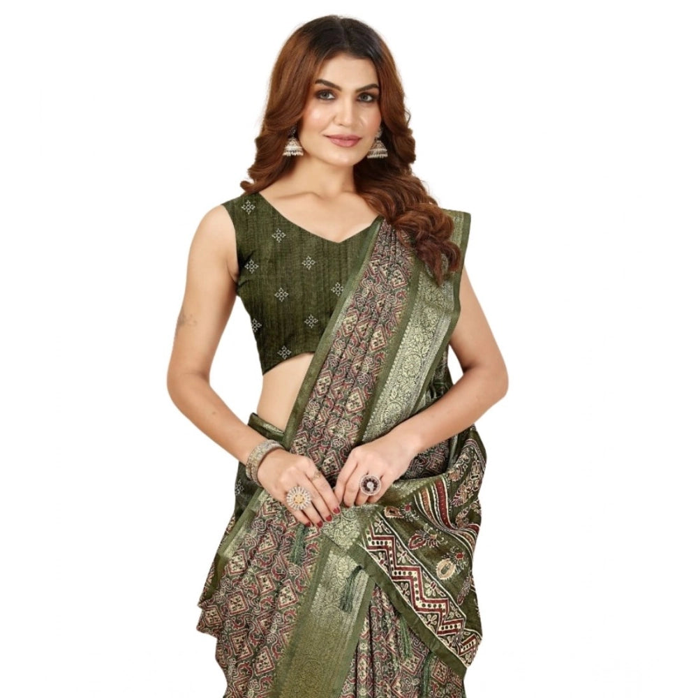 Amfyn Women's Cotton Blend Printed Saree With Unstitched Blouse 5.5Mtr (Green)