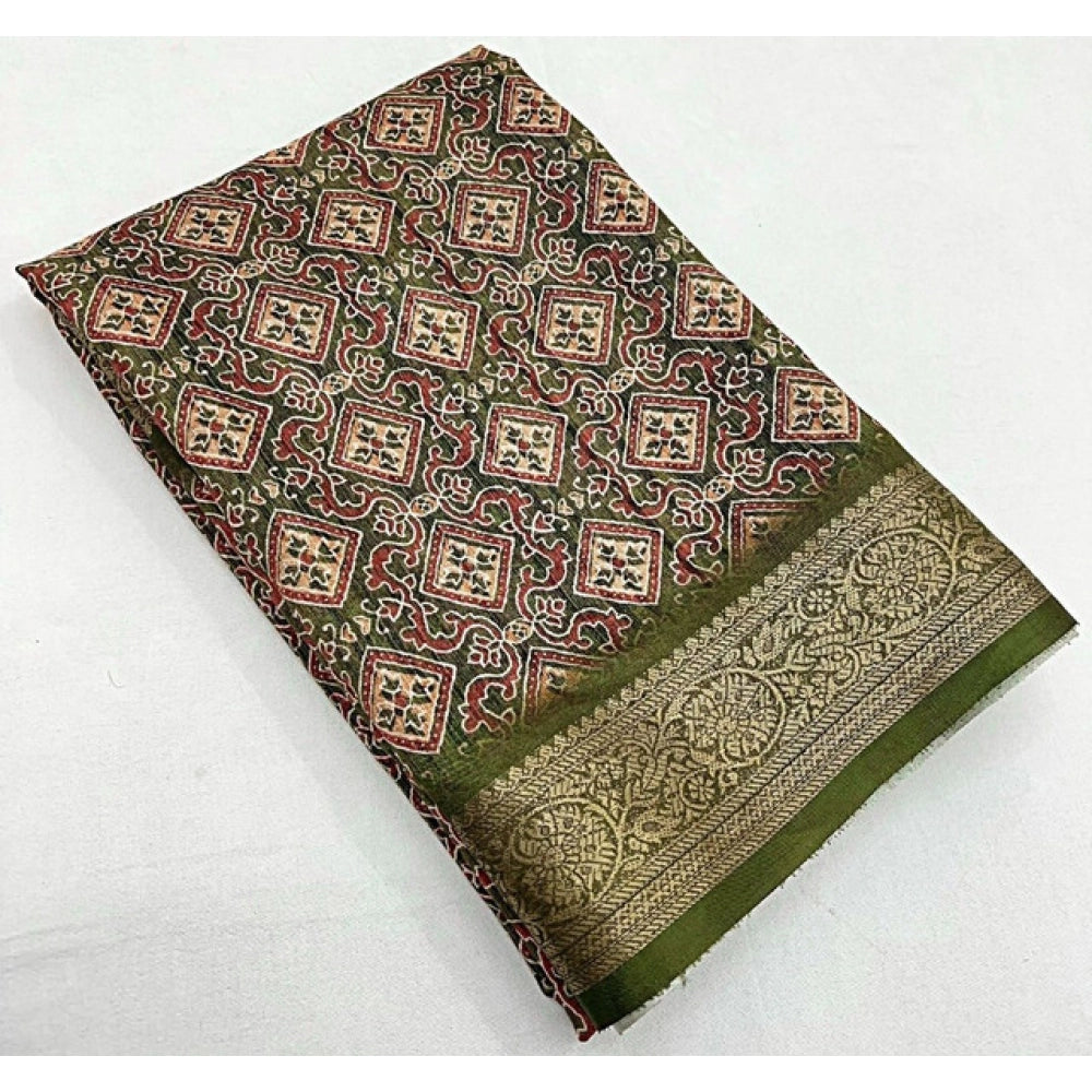Amfyn Women's Cotton Blend Printed Saree With Unstitched Blouse 5.5Mtr (Green)