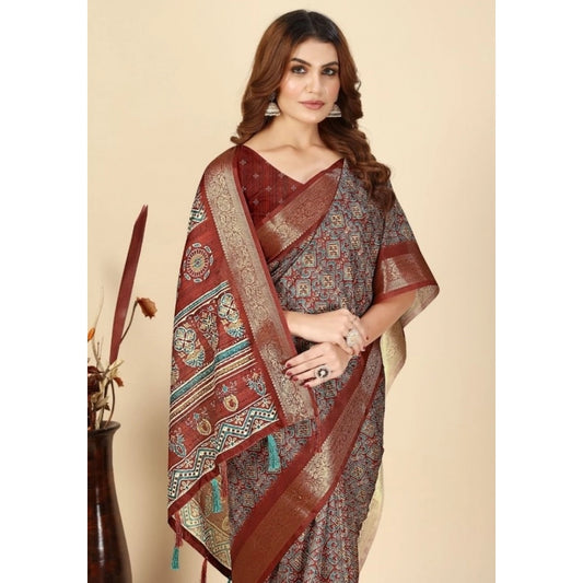 Amfyn Women's Cotton Blend Printed Saree With Unstitched Blouse 5.5Mtr (Multicolor)