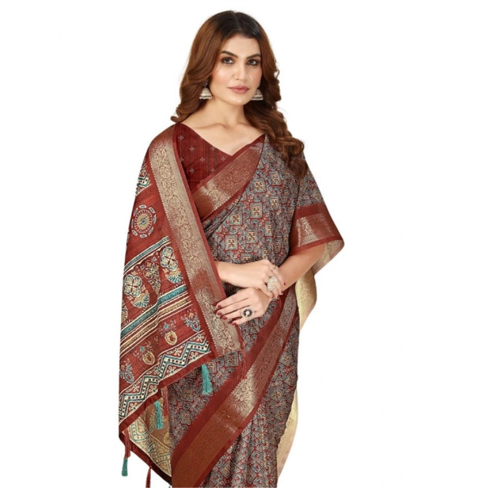 Amfyn Women's Cotton Blend Printed Saree With Unstitched Blouse 5.5Mtr (Multicolor)