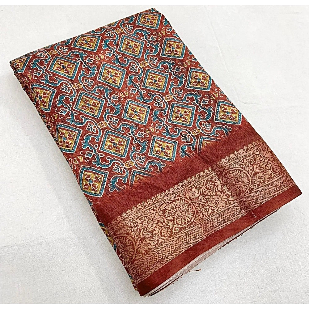 Amfyn Women's Cotton Blend Printed Saree With Unstitched Blouse 5.5Mtr (Multicolor)