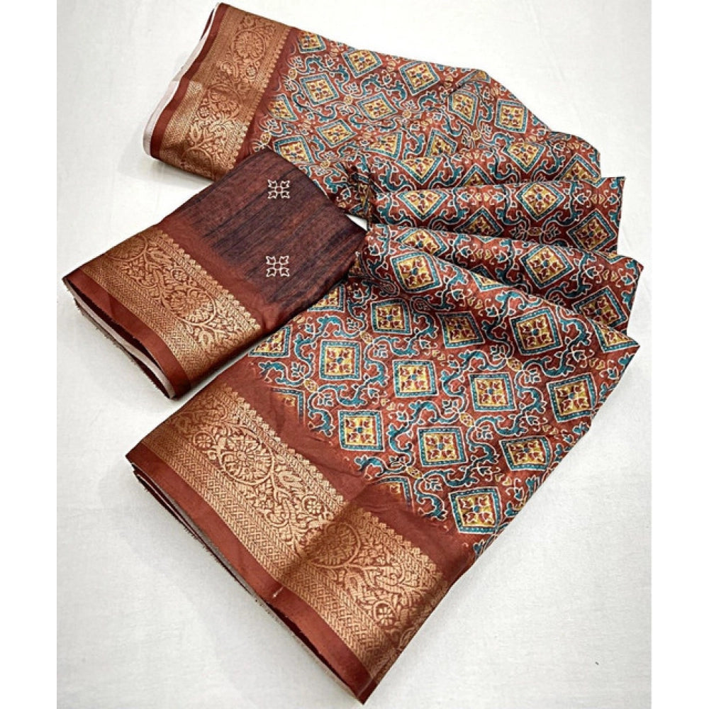 Amfyn Women's Cotton Blend Printed Saree With Unstitched Blouse 5.5Mtr (Multicolor)